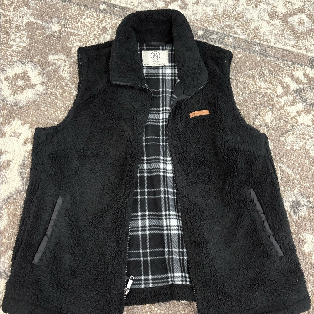 Black Fleece Vest with Plaid Lining